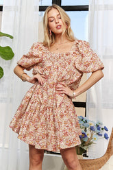 ADORA Floral Square Neck Puff Sleeve Dress Orange OutfitFlow